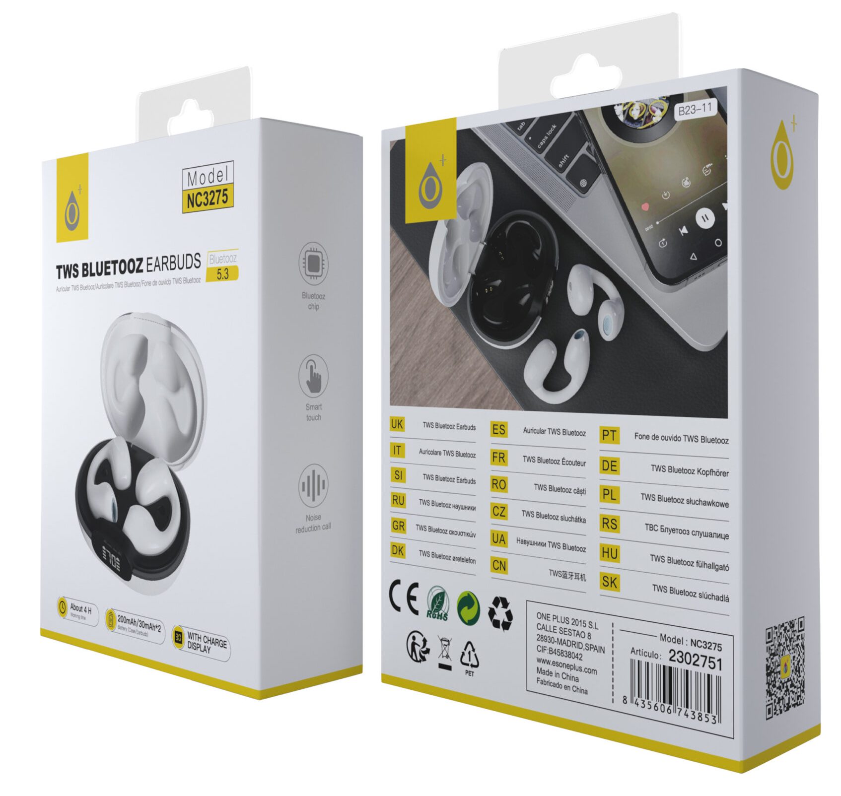 NC3275 BL Auriculares Cool TWS Bluetooth 53 Bateria Earbuds 30mAh2 Estuche 200mAh con pantalla digital 4h de uso Blanco scaled (1) (1)